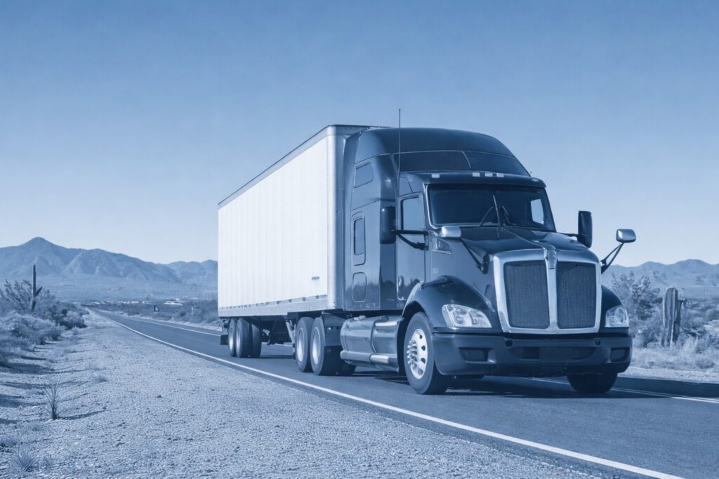 Black semi-truck with white trailer driving on desert highway with mountain backdrop and blue overlay filter