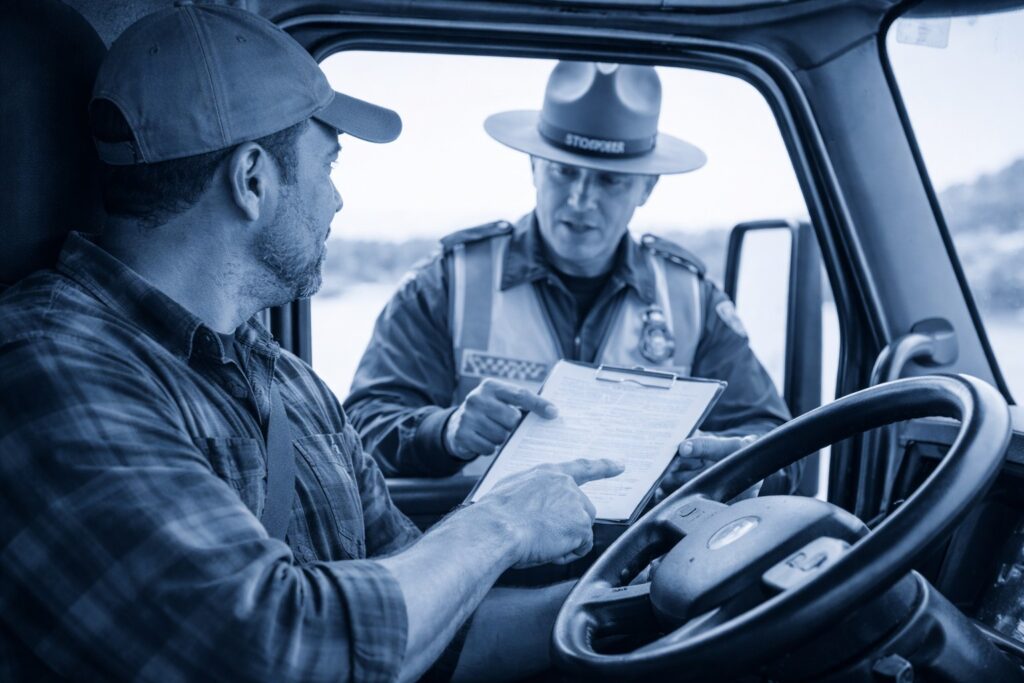 Blue-tinted photo of a truck driver speaking with a state trooper during a roadside inspection about CDL documents and English proficiency rules.