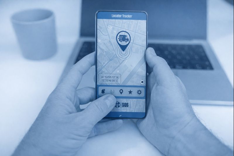 Hands holding smartphone with truck GPS locator tracking app open, showing live location coordinates and map interface in front of laptop