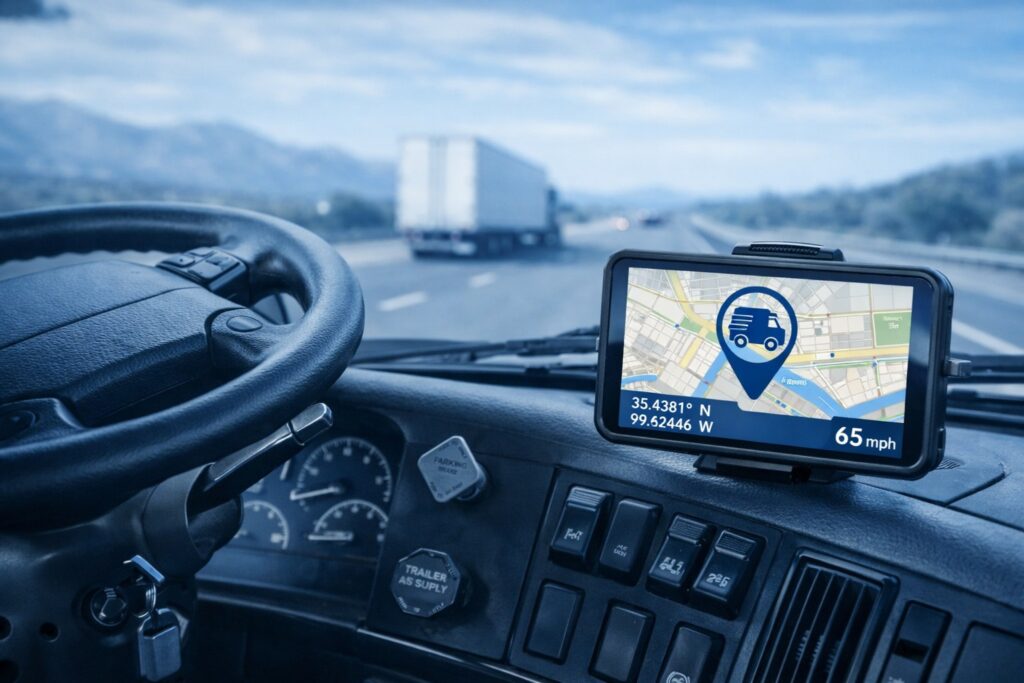 Truck dashboard with GPS fleet tracking device showing route and live location on a blue toned highway scene