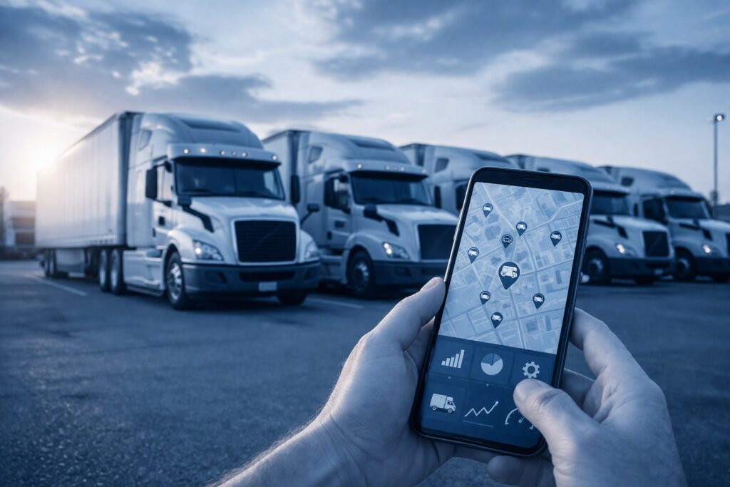 GPS vehicle tracking and fleet management system displayed on smartphone with fleet of trucks in background under blue overlay
