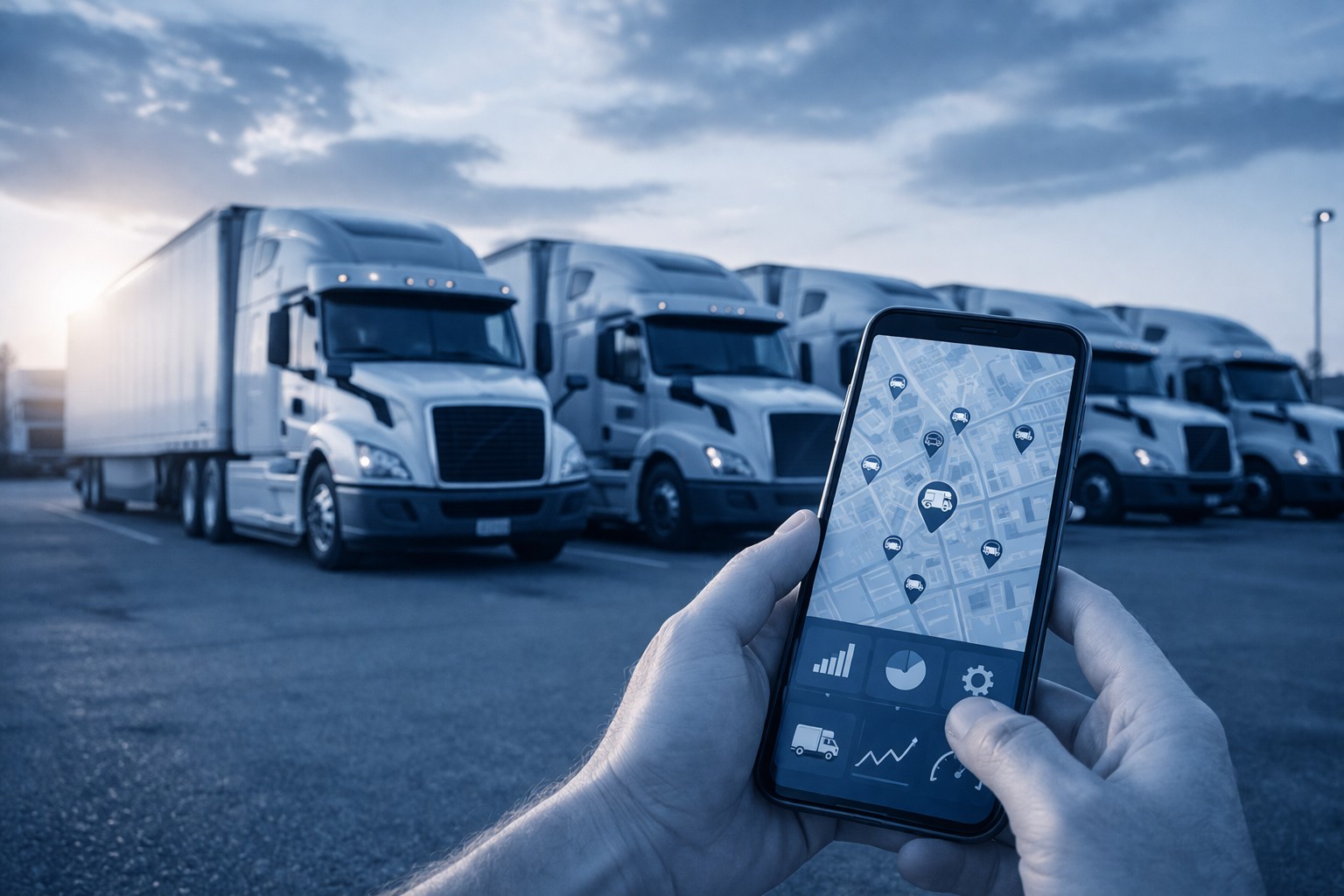 GPS vehicle tracking and fleet management system displayed on smartphone with fleet of trucks in background under blue overlay