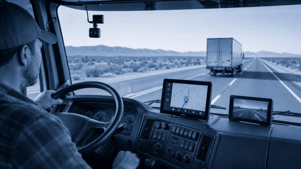 Vehicle tracking and camera system in a commercial truck cab with GPS display and road facing camera for fleet visibility and safety