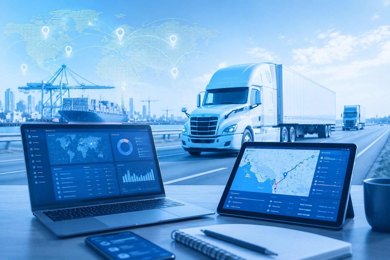 Freight and transportation logistics tracking scene with semi truck, shipment monitoring dashboards, and real time supply chain visibility under a light blue overlay