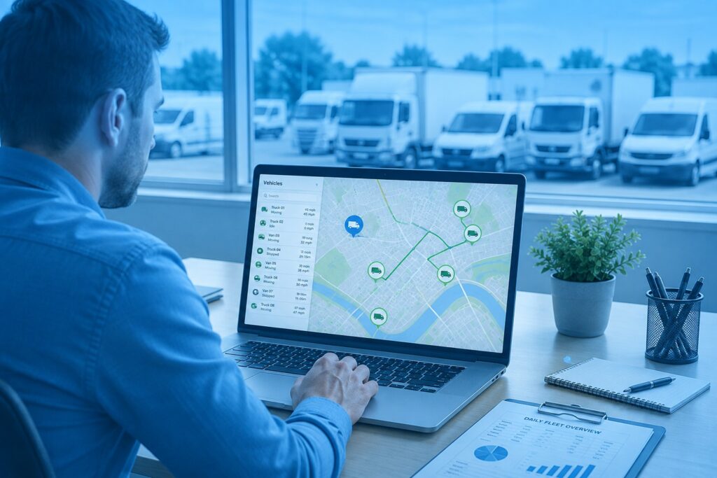 Best fleet tracking for small business shown on a laptop dashboard with GPS vehicle locations and a small commercial fleet in the background