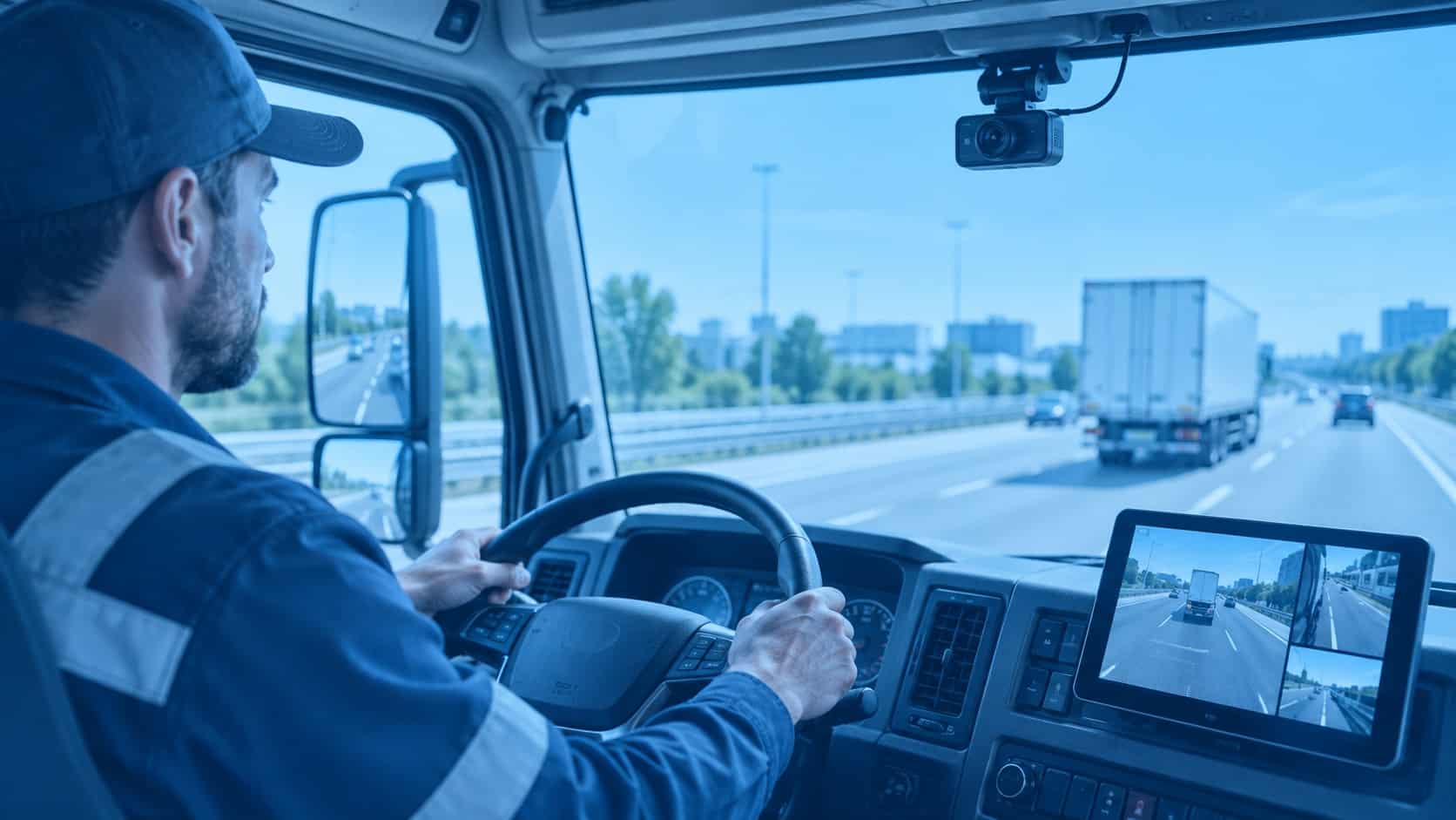 Truck driver using an in-cab camera system with road-facing dash cam and live video monitoring for fleet safety